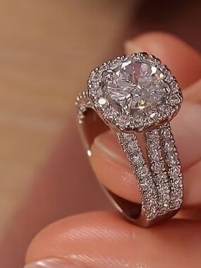 Silver-Tone Halo Split-Shank Cubic Zirconia Engagement Ring - White